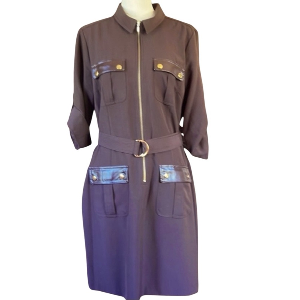 New! SHARAGANO Casual Short Sleeve Espresso Front Zip Dress  Size 14 - Picture 12 of 16